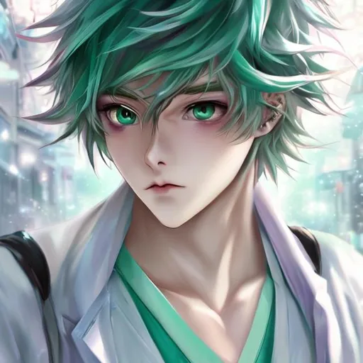 Prompt: pretty anime boy doctor romantic realistic  white hair hd green eyes art vietneam super real super creative dreamy look