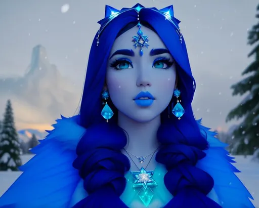 Prompt: Pokimane, Heavy snow, Giant Blue Orb in Sky, Long Straight Blue hair, Ice crystal tiara with Green Flowers, Thick bushy blue eyebrows, medium sized nose, plump diamond shape face,  Blue lips, ethereal blue eyes, Triangle Star earrings, soft ears, Large blue plastic chain around neck, Blue heart necklaces, Purple candy shaped rings, Large blue fur coat with armor underneath. Scaley gloves. Long Blue Skirt with moons.