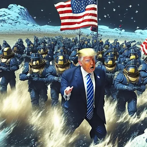 Prompt: donald trump leading his space marines in battle