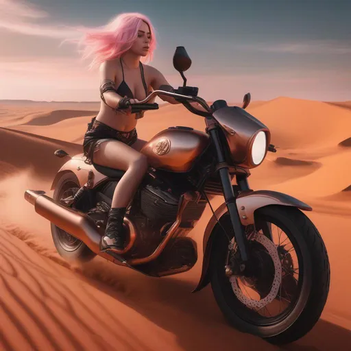Prompt: {{{masterpiece}}}, 4K, fantasy art, Victorian oil painting, Billie Eilish in a skimpy Bikini with rose gold pinkish hair, riding a big trail motorcycle. blazing through the dunes of Mars