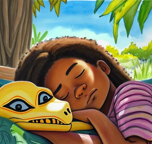 Prompt: A painting or drawing of a person outside on a bright sunny day napping with a predator 