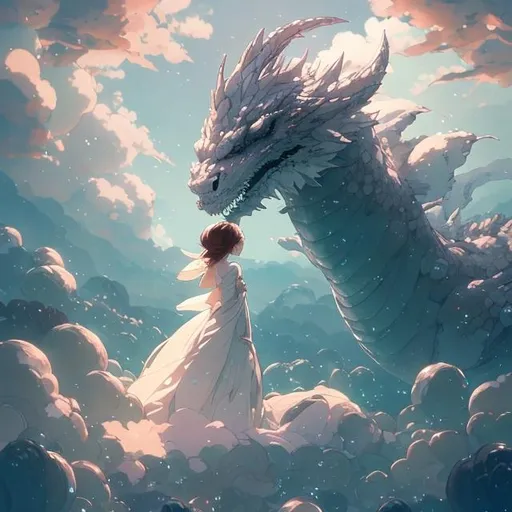 Prompt: "the beautiful scene render that a beautiful girl lies in the arms of a huge white dragon in the fairyland surrounded by white clouds, in the style of makoto shinkai victo ngai and peter mohrbacher studio ghibli artgerm karol bak beeple, animation style, 8 k hd, dream, trending on cgsociety, trending on artstation, ultra wide angle, animation style, hyperrealism, 3 d render, hyper detailed"