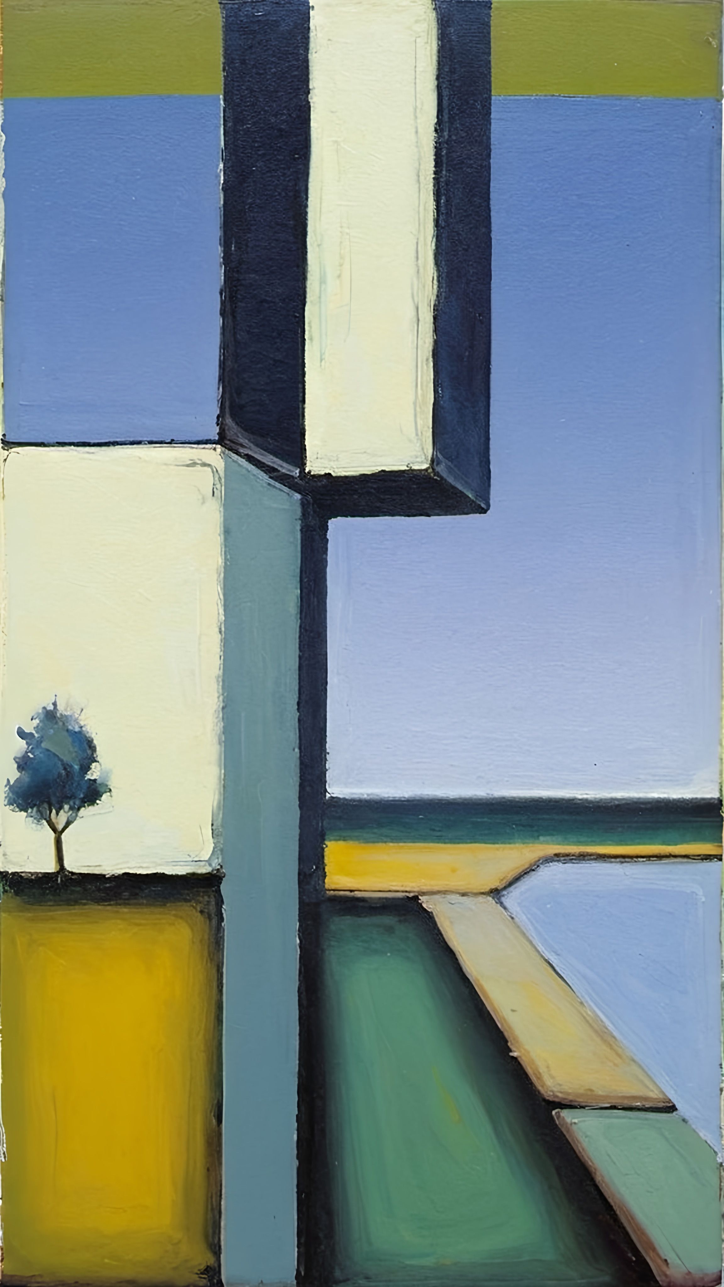 Prompt: a painting of a tree in a yellow vase and a blue sky in the background with a white square