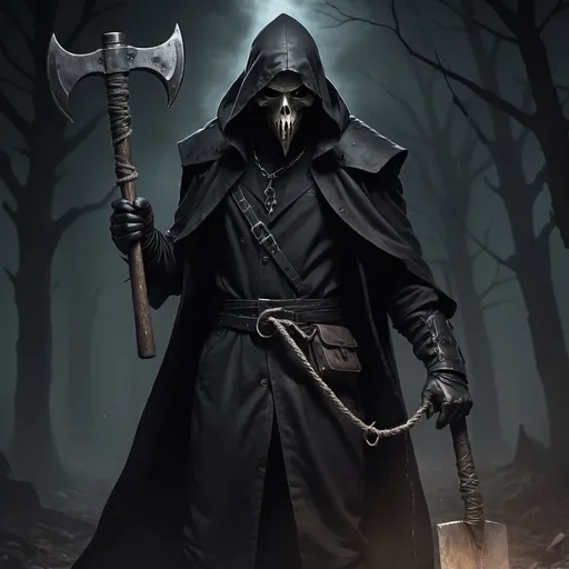 Prompt: Full-body, male wraith of a medivial executor, Face hidden behind a black mask, wearing a black coat, wearing a noose arount his neck, holding an axe, 
sinister look, spooky atmosphere, RPG-fantasy, intense, detailed, game-rpg style, dark and eerie lighting, sinister vibe, fantasy, horror, undead, 