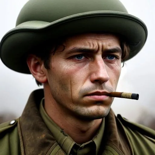 Prompt: Close up of a German soldier in a trench during World War One, muddy face, foggy, dismal, sad, smoking a cigarette