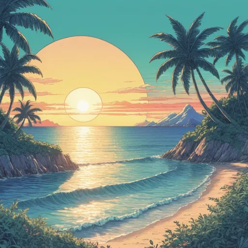 Prompt: 90's anime, ocean, setting sun, tropical island, hand-drawn, filter grain, low saturation, 