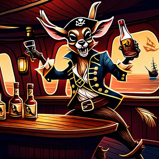 Prompt: Create a badass 
illustration of evil Bambi as a pirate, on board of a ship drunk dancing and holding a bottle of rum 