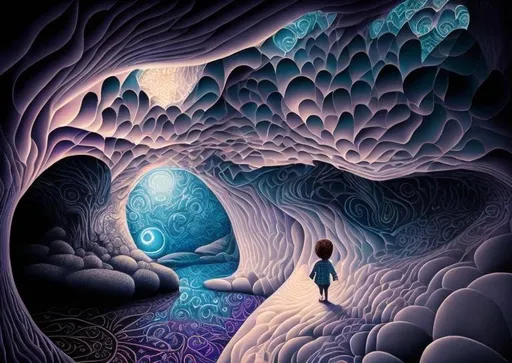 Prompt: Zentangle art style, child wandering into a magical cave, optical illusion, surreal, dynamic lighting, a masterpiece, elegant, detailed background