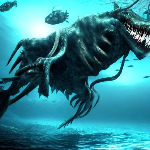 Prompt: Massive creatures underwater, scary, 3D, HDR, detailed, deep ocean, predator, huge, grim, death, hyper relastic, 