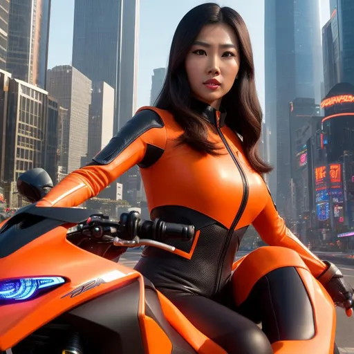 Prompt: super realistic textured depiction of an asian  woman wearing a tight leather suit, no helmet, long brown hair, fair skin, brown eyes, red lips with neon orange decals on a futuristic tron styled black sport motorcycle with orange stickers driving down a futuristic street surrounded by tall colorful skyscrapers
