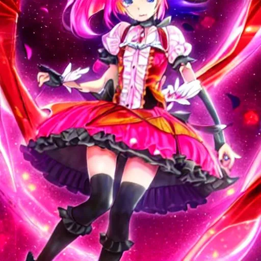 Prompt: anime, (masterpiece), best quality, expressive eyes, perfect face, full body, 1girl, pink haired fourteen years old girl, dressed in a frilly black and pink dress, wielding a black hunting bow, black and red chocker with a pink gem, short pink hair, pink eyes, short twintails, black hair ribbons, black stockings, red Mary Jean shoes, sad expression, tears,