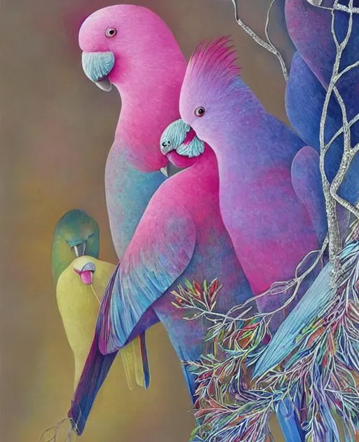 Prompt: Sparkling. 3 beautiful galah birds hanging at a tree . Art by Anna Dittman, Dee Nickerson, alex grey, Michael Cheval. very Glossy.  Add Shimmering. 3d. Very clear resolution.