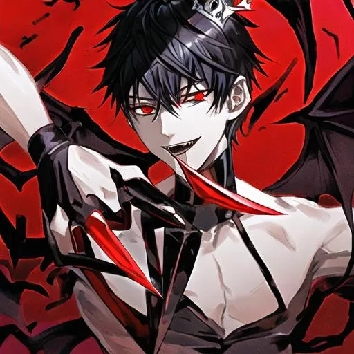 Prompt: Damien  (male, short black hair, red eyes) holding a knife up to his mouth, wearing a crown, demon form

