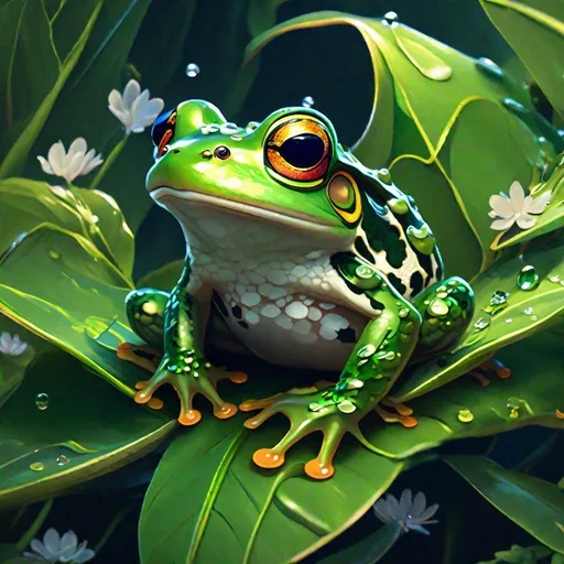 Prompt: "Cute frog sitting atop a leaf hyperdetailed intricate detail elaborate meticulous beautiful polished cinematic brilliant stunning atmospheric dynamic lighting anime artwork"
"8k resolution detailed painting trending on Artstation, r/Art, Artrift, deviantart, pixiv by WLOP, Studio Ghibli"