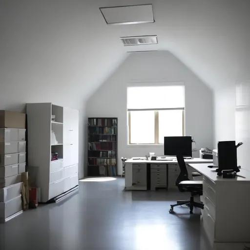 Prompt: A large home office with a single desk. In the room is also a large printer and a filing cabinet. There are boxes lying around on the floor. The room is messy. The walls are white. There are no windows in the room and no natural light. The photo quality is poor. The ceiling is low.