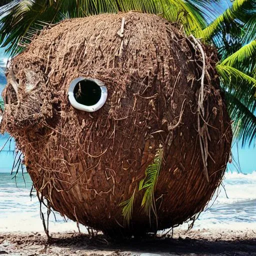 Prompt: diseased coconut monster leaving a beach