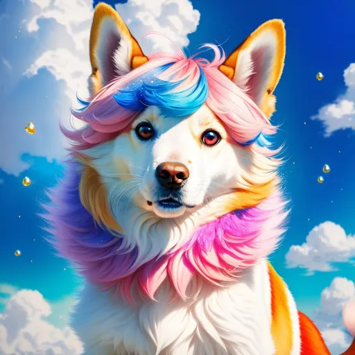 Prompt: (8k, 3D, UHD, highly detailed, masterpiece, professional oil painting) medium-sized adolescent male quadruped with wind powers, vivid (cherry pink eyes), pearl-gold fur with gold hairs and royal-blue hairs, long sky blue ears, long blue ears with royal-blue interior, fur speckled with sapphire crystals, leafy crystal blue tail, cute fangs, majestic like a wolf, playful like a fox, energetic like a deer, ears of siamese cat, fluffy mane, standing in fantasy garden, neon iridescent flowers, cyan flowers, magenta flowers, cherry blossoms, mountains, auroras, pink twilight sky, Sylveon, intricately detailed, intricately detailed fur, high octane render, yuino chiri, UHD