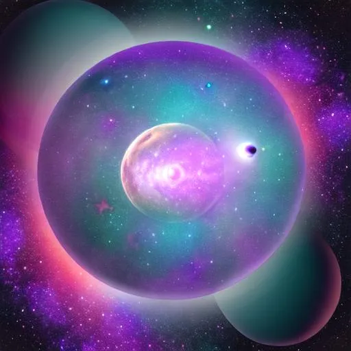 Prompt: cosmic scene with purple/ aqua color scheme with a large planet and a comet in the fore front