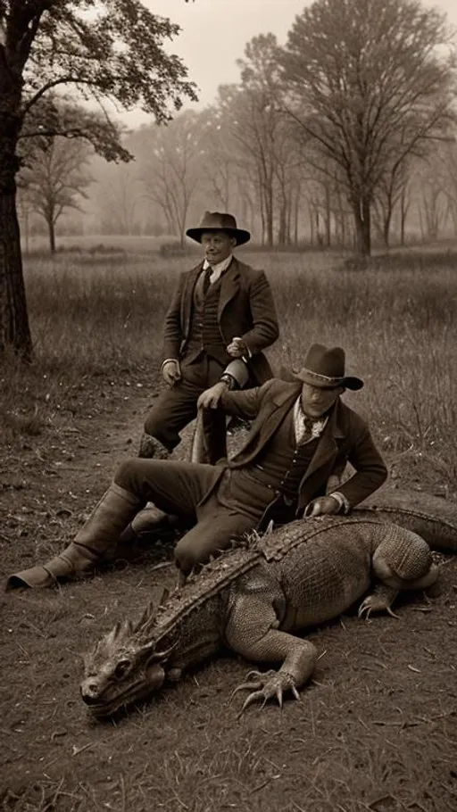 Prompt: photo realistic, old photograph, old sepia, 1800s, many hunters posing with dead dragon