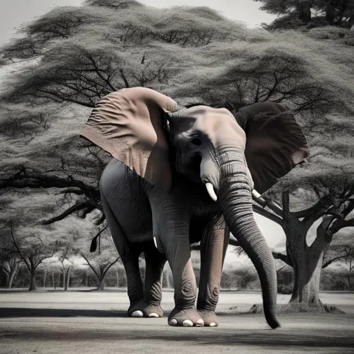 Prompt:  A single elephant next to a heavily  trunked tree Add color to the tree and elephant only. focus  on the tree and elephant. Make the tree more prominent  with a larger tree  trunk. Only one tree.
