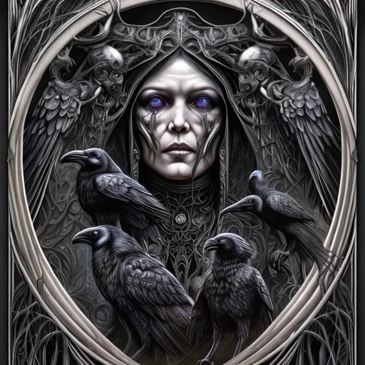 Prompt: ultra realistic, giger style goddess of death and goddess of life with two ravens on both sides , art nouveau-digital art style