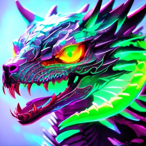 portrait of a roaring neon skeleton dragon with fang...