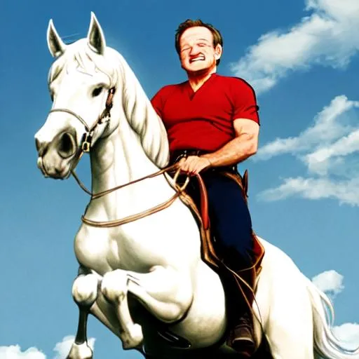 Prompt: robin williams atop a white horse

 