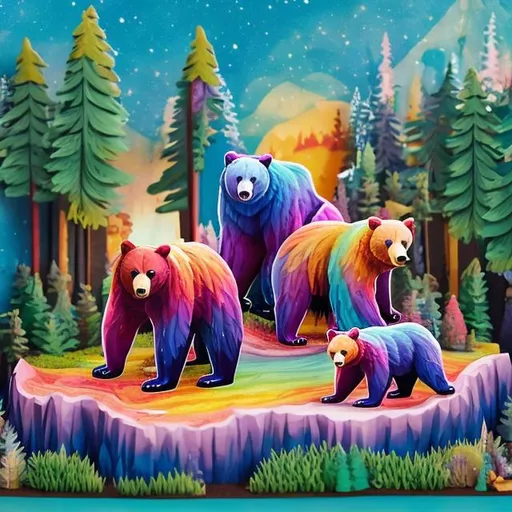 Prompt: Lisa frank style of bears in the forest diorama