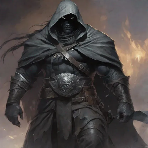 Prompt: Tall, Intimidating, Large, male, Solomon grundy built, black hair,  very dark grey scarred skin, covered in bandages, dark tattered cloth of a cleric of kelemvor that exposes his midriff,  mask with hood that covers his face, large gem inside chest,  Dungeons and Dragons 5th Edition, Path of the Zealot Barbarian, Undying Warlock, 20 Strength, 18 Constitution, using a very large two handed greataxe.