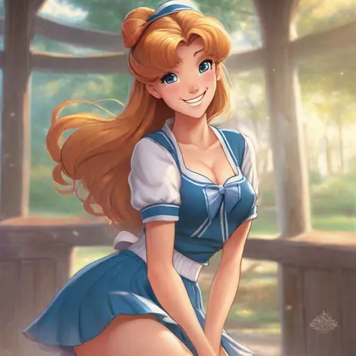 Prompt: Vivid, detailed, Disney classic art style, Giselle Disney princess, smiling, baseball uniform, miniskirt, bare midriff, anime, bow in hair, visible cleavage