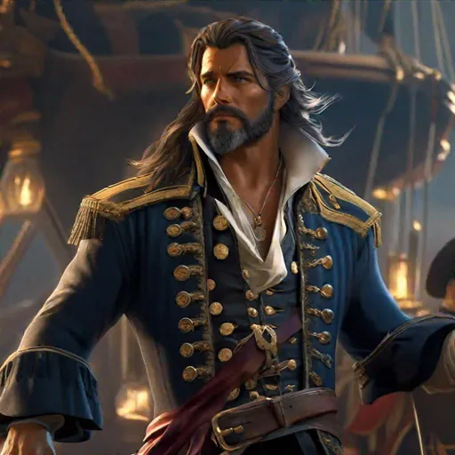 Prompt: 40 years old handsome,  upper body, flowy pirate's coat, epaulets, open eyes, perfect hand, perfect five fingers and body, {{{{highest quality concept art masterpiece}}}} 4k, 128k UHD HDR.
