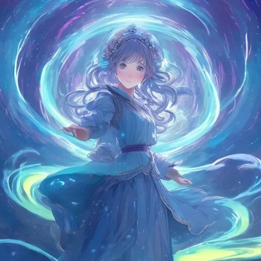 Prompt: "Design an enchanting anime AI art piece featuring a girl wielding magic to manipulate the weather. She dons a gentle blue frock and boasts cerulean hair, mirroring the serene ambiance. Above, a sky painted with vivid Northern Lights illuminates the scene, casting soft, iridescent hues upon her as she crafts a magical weather spectacle."