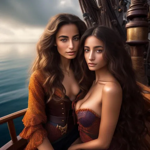 Prompt: (((2girl))), Danielle van de Donk, full body portrait of a photorealistic beautiful woman, (aboard a pirate ship:1.50), intense coloration fantasy, light hair, a stunning realistic photograph 20 years , hd , 8k, , hyper realism, Very detailed, zoomed out view, full character in view, no cloths giantess Beautiful goddess realistic standing (nude)), detailed face, master piece random colored hair,  (jade ocean), mercury, random color eyes, full body, cover, hyperdetailed painting, luminism, octane render, Bar lighting,  complex, 8k resolution concept art portrait by Martina Fačková and Prywinko Art, Artgerm, WLOP, Alphonse Mucha, Tony Taka, fractal isometrics details, photorealistic face, hypereallistic cover photo awesome full color, hand drawn, bright, gritty, realistic color scheme, davinci, .12k, intricate. hit definition , Beethoven, masterpiece