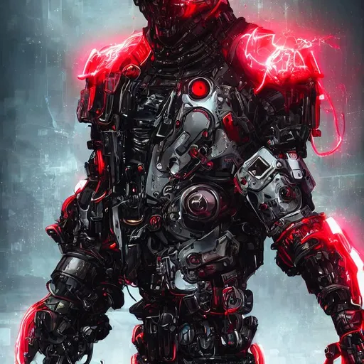 Prompt:  a portrait of a man, cyberpunk mech armor, red eyes, pistol in right hand, highly detailed, red lightning bolts 