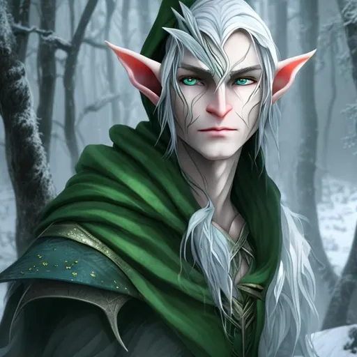 Prompt: A forest elf with gray skin white hair blue eyes a green hood and cloak
