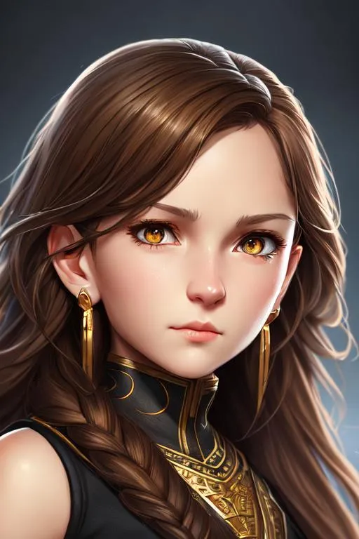 Prompt: Detailed character portrait, highly detailed, cinematic lighting, digital painting, concept art, sharp focus, full character view, illustration, very detailed, detailed face, female human, light brown hair, wavy hair, brown eyes, black v neck top, double earrings, 11 years old.