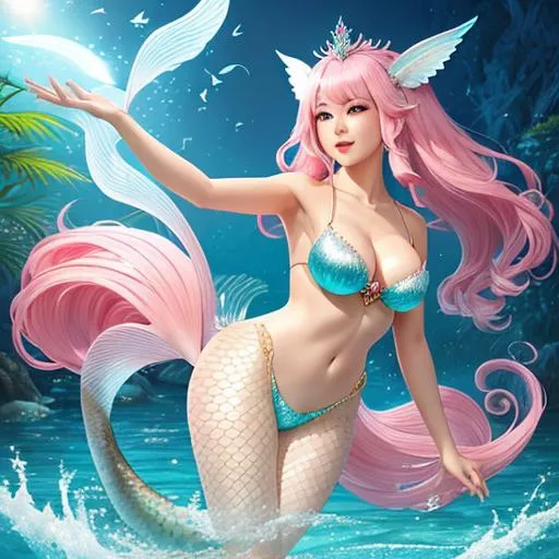 Prompt: A highest quality image of Amabie , legendary Japanese mermaid,  a bird's beak-like mouth, three legs and a tail fin, shell-brassiere, square diamond shape eyes, pink long hair,  full size of view,