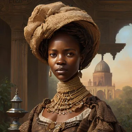 Prompt: 

Portrait of {victorian african woman } with brown hair and with cute face, wearing beautiful dress and a hat, {background palace}, oil painting,
perfect composition, hyperrealistic, super detailed, 8k, high quality, sharp focus, studio photo, intricate details, highly detailed, by greg rutkowski