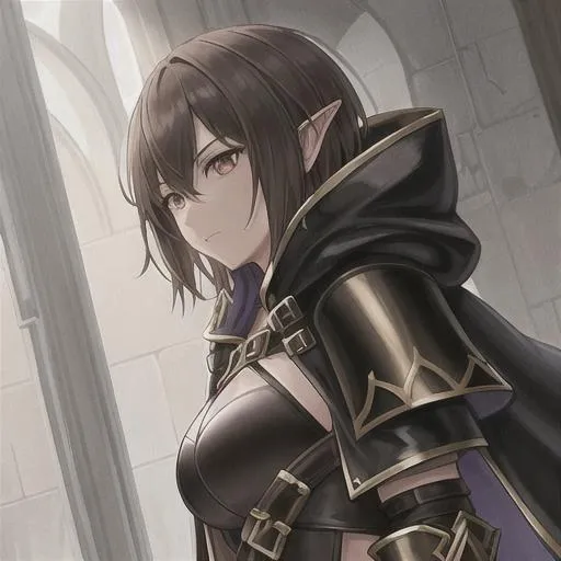 Prompt: a hooded elf female with short brown hair and  gold eyes wearing black leather armor