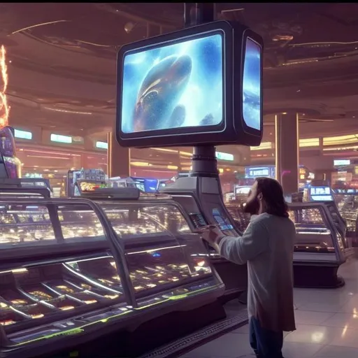 Prompt: Jesus playing Atavachron for spare change in a busy alien mall, widescreen, infinity vanishing point, galaxy background, surprise easter egg