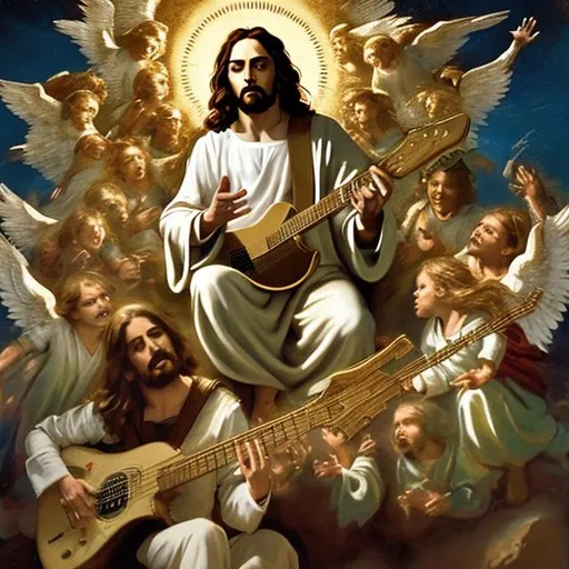 Prompt: jesus playing The Quint Guitar, dressed like jesus, surrounded by flying cherubs, all in gold encrusted with emeralds