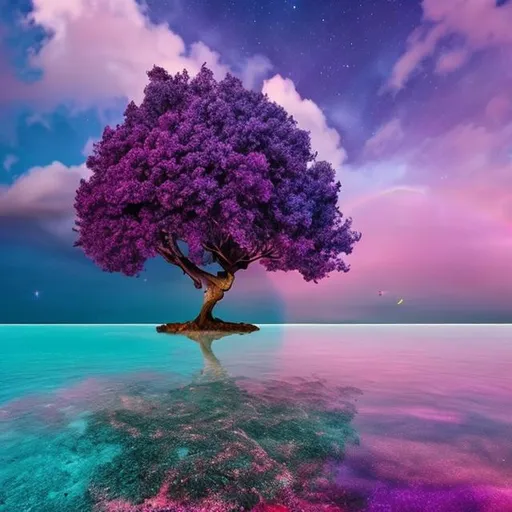 Prompt: Create a purple tree in the sea and a shore of rainbow colours, under a pink and lavender sky with stars and nebulae