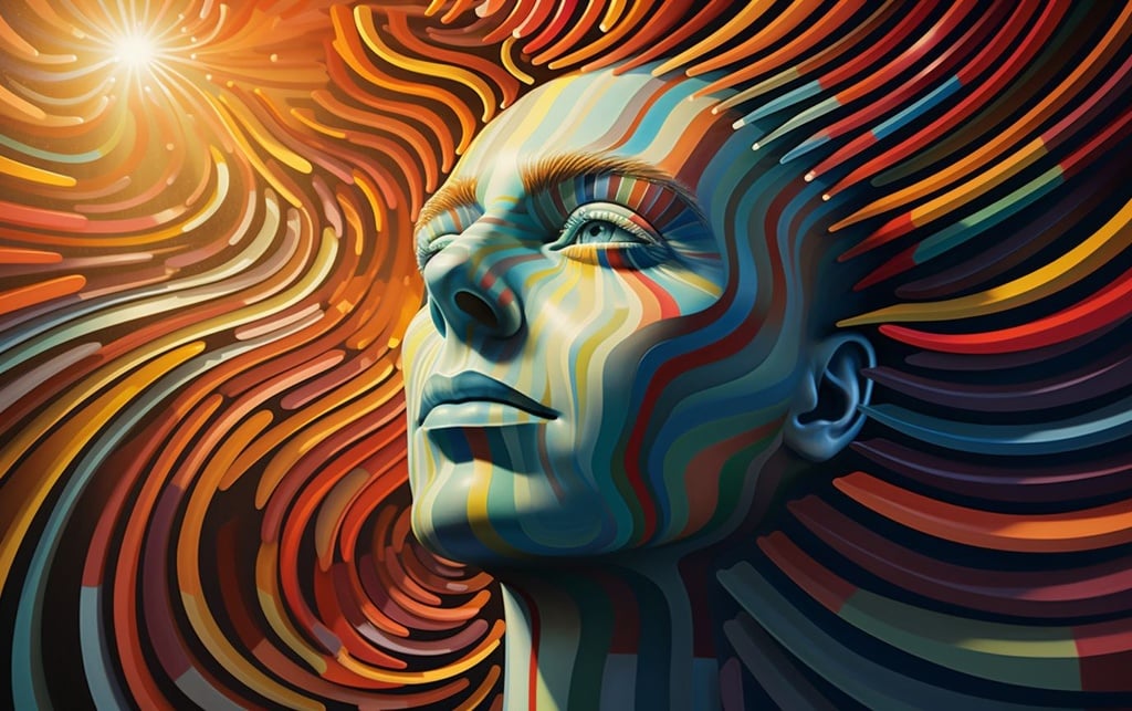 Prompt: an illustration showing a man's face, in the style of psychedelic graphic design, color stripes, mandy disher, sunrays shine upon it, mind-bending sculptures, aaron douglas, optical illusion