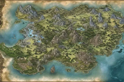 Prompt: highly detailed fantasy map, DND, water and land, 4K, village