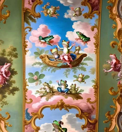 Prompt: A large rococo style ceiling fresco but all the people are frogs. The realistic frogs are dressed in flowing fabrics and some have angel wings. The frogs are green. The frogs dressed in ancient Greek clothes. The frogs are small and there are many of them.  The frogs talk amongst themselves, play music, look at other frogs on the other side of the painting. It has beautiful blue and pink hues that make it feel dreamy and warm. The sky is blue the clouds are pink. The camera is pointing straight up at the ceiling with the fresco taking up the space in the photo 