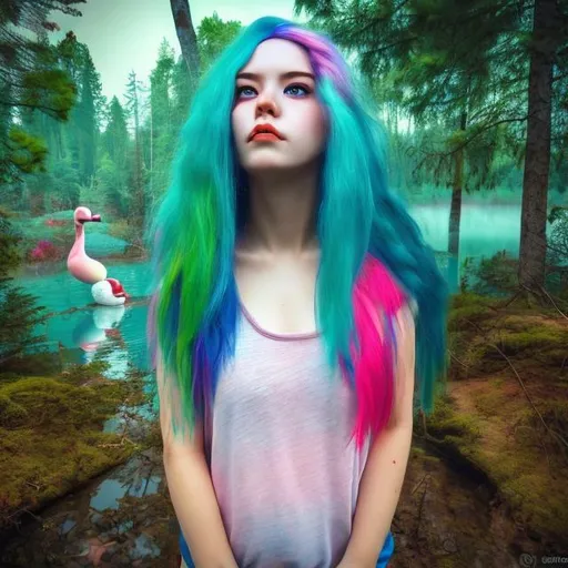 Prompt: real woman, friend on a journey, forest, sunny, lake, duck in the sky, hdr10, vivid, pink and blue hair, red and green hair, girl, blue eye ,blue lake