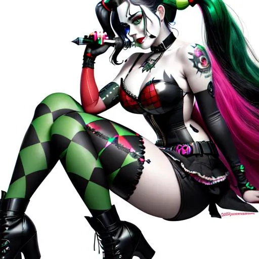 Prompt: (((masterpiece))) (((full body))) hyper quality, refined rendering, extremely detailed CG unity 8k wallpaper, highly detailed, (super fine illustration), highres, (ultra-detailed), detailed face, perfect face, DC COMIC HARLEY QUINN ((black hair)) (green hyper detailed eyes) (anarchy tattoo) (((extremely delicate and beautiful))), stunning art, best aesthetic, twitter artist, amazing, high resolution, fine fabric emphasis, UHD, 