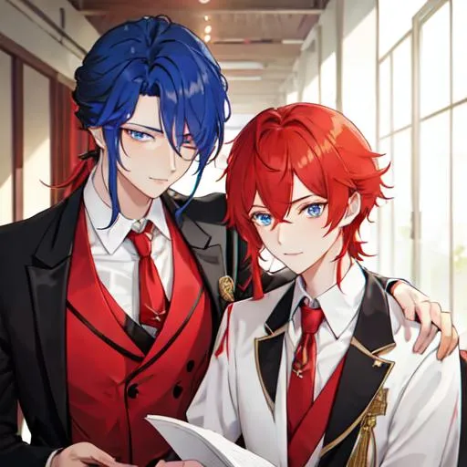 Prompt: Zerif 1male (Red side-swept hair covering his right eye) and Erikku 1male (ginger hair, blue eyes) wearing suits at a wedding