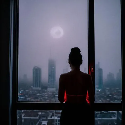 Prompt: A photography in Elsa Bleda style, a woman silhouette from behind looking through her apartment window  over a big decadent city at night, moonlight, red neon lights illuminating, ethereal gloomy mood, fog. 