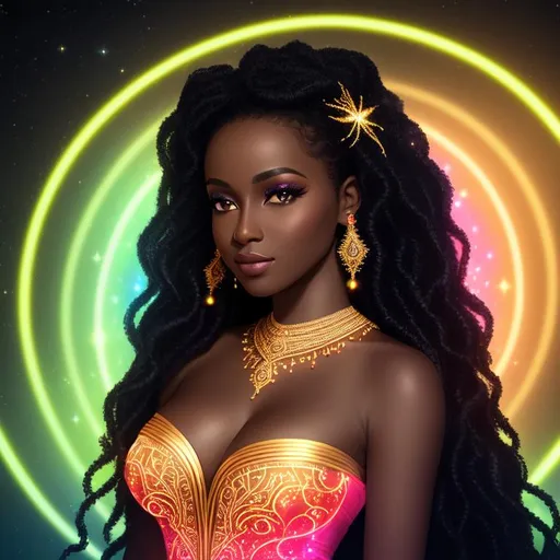 Prompt: 3/4 view face of Adut Akech,  ++(((small breasts))), ++(((flat chest))),((wide nose)), ((black skin)), ((intricate long flowing curly
 hair)), (long flowing gown), (filigree hair decoration), sparkling veils, ethereal, luminous, fireflies, galaxy background, neon light trails, glowing, nebula, dark contrast, celestial, trails of light, sparkles, 3D lighting, celestial, gold filigree, soft light, stained glass halo, vaporwave, fantasy